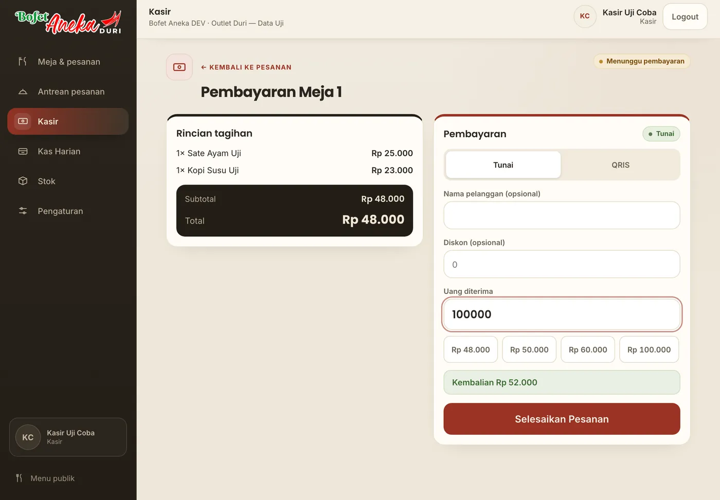 Layar kasir Bofet Aneka menampilkan rincian tagihan dan pembayaran tunai, diambil dari data uji lokal